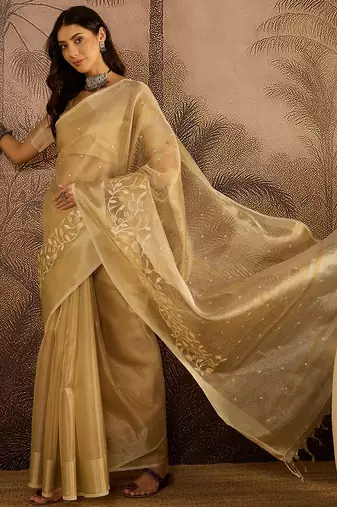 Beige super net embroidered saree with unstitched blouse piece