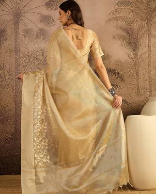 Beige super net embroidered saree with unstitched blouse piece 4