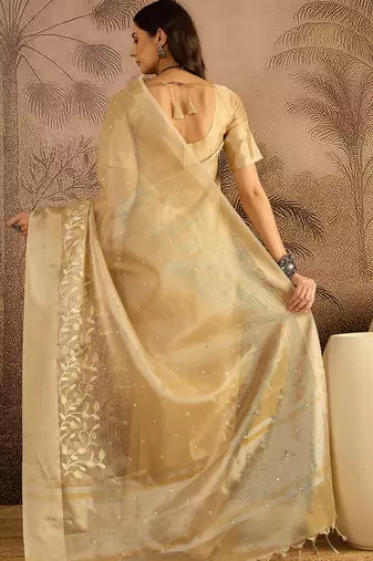Beige super net embroidered saree with unstitched blouse piece