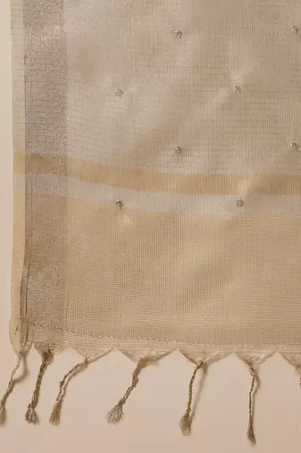 Beige super net embroidered saree with unstitched blouse piece
