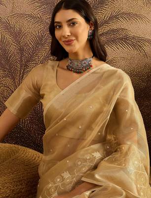 Beige super net embroidered saree with unstitched blouse piece 2