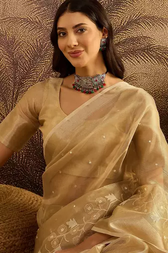 Beige super net embroidered saree with unstitched blouse piece