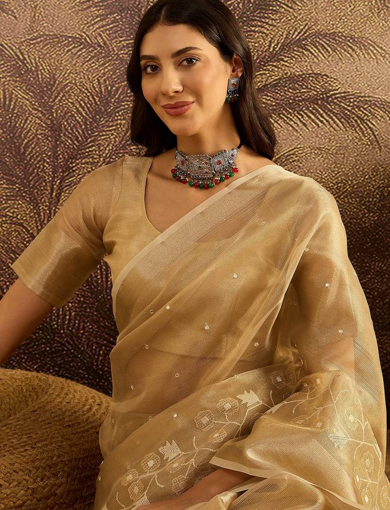 Beige super net embroidered saree with unstitched blouse piece