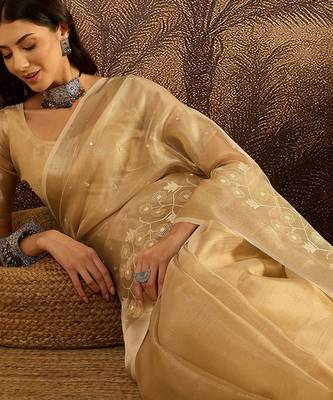 Beige super net embroidered saree with unstitched blouse piece 3
