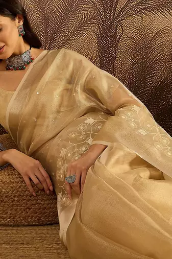 Beige super net embroidered saree with unstitched blouse piece