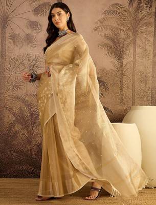 Beige super net embroidered saree with unstitched blouse piece 1