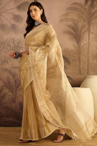 Beige super net embroidered saree with unstitched blouse piece