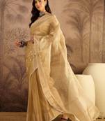 Beige super net embroidered saree with unstitched blouse piece