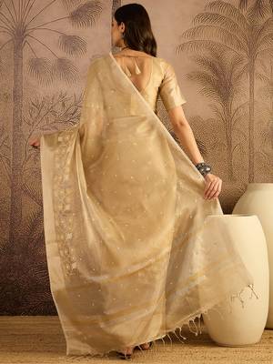 Beige super net embroidered saree with unstitched blouse piece 4