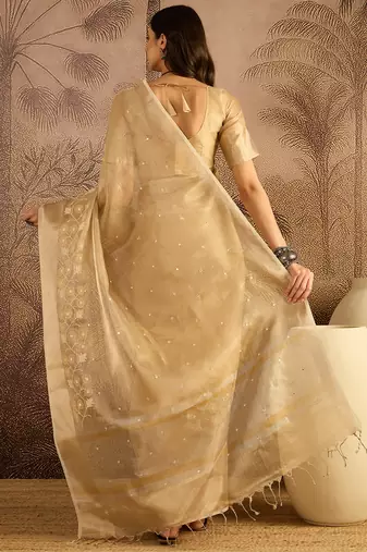 Beige super net embroidered saree with unstitched blouse piece