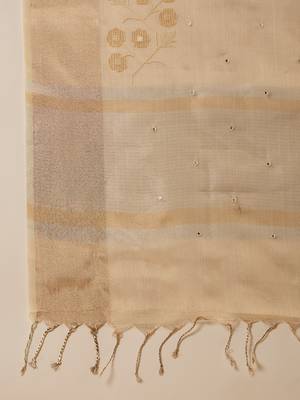 Beige super net embroidered saree with unstitched blouse piece 5