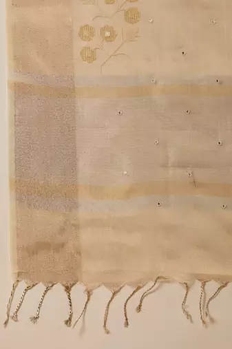 Beige super net embroidered saree with unstitched blouse piece
