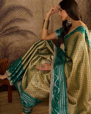 green silk blend blend zari saree with unstitched blouse piece 2