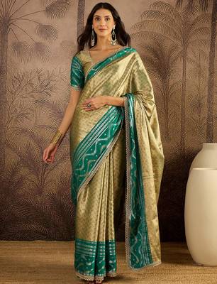 green silk blend blend zari saree with unstitched blouse piece 1