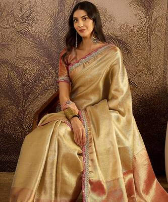 beige silk blend blend zari saree with unstitched blouse piece 2