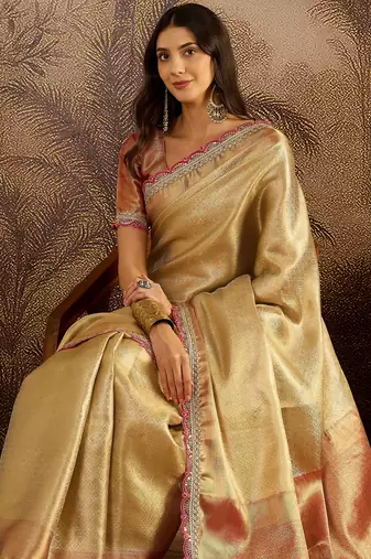 beige silk blend blend zari saree with unstitched blouse piece