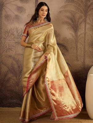 beige silk blend blend zari saree with unstitched blouse piece 1