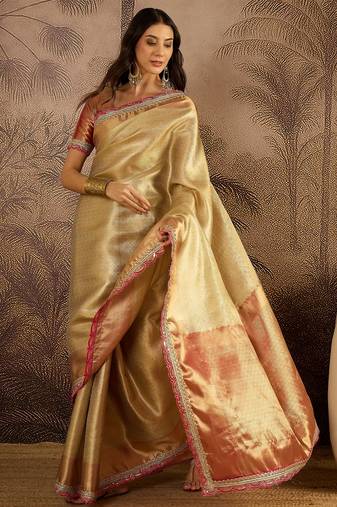 beige silk blend blend zari saree with unstitched blouse piece