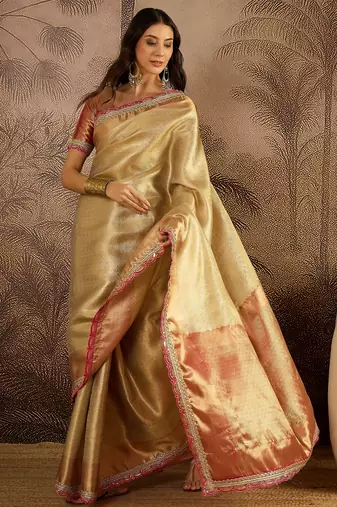 beige silk blend blend zari saree with unstitched blouse piece