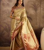 beige silk blend blend zari saree with unstitched blouse piece