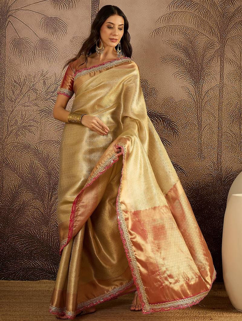 beige silk blend blend zari saree with unstitched blouse piece