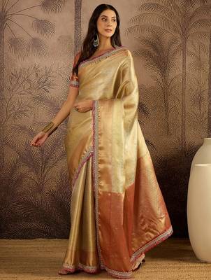beige silk blend blend zari saree with unstitched blouse piece 3