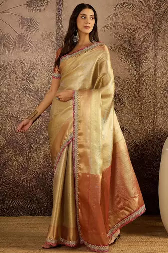 beige silk blend blend zari saree with unstitched blouse piece