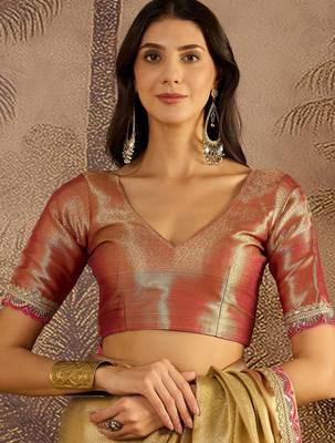 beige silk blend blend zari saree with unstitched blouse piece 4