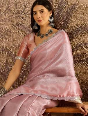 pink silk blend blend zari saree with unstitched blouse piece 2