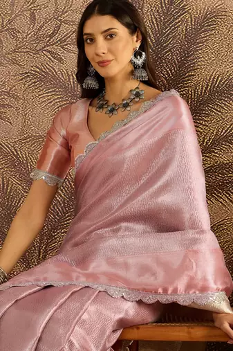 pink silk blend blend zari saree with unstitched blouse piece