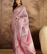 pink silk blend blend zari saree with unstitched blouse piece