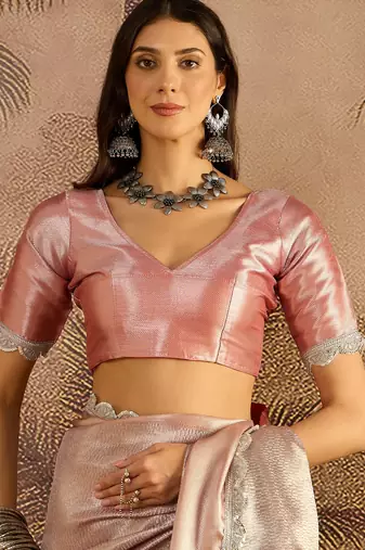 pink silk blend blend zari saree with unstitched blouse piece