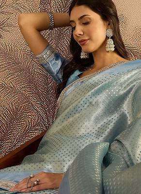 blue silk blend blend zari saree with unstitched blouse piece 2