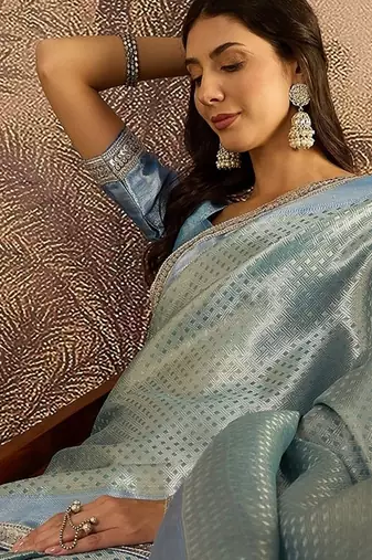 blue silk blend blend zari saree with unstitched blouse piece