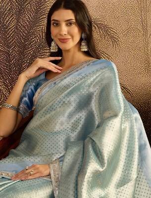 blue silk blend blend zari saree with unstitched blouse piece 3
