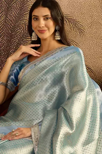 blue silk blend blend zari saree with unstitched blouse piece