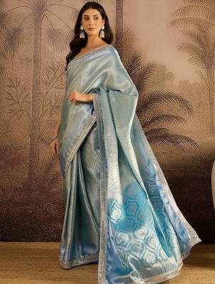 blue silk blend blend zari saree with unstitched blouse piece 1