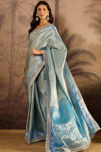 blue silk blend blend zari saree with unstitched blouse piece