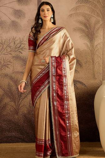 beige silk blend blend zari saree with unstitched blouse piece