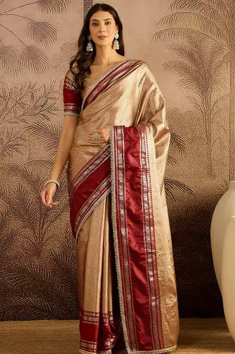 beige silk blend blend zari saree with unstitched blouse piece