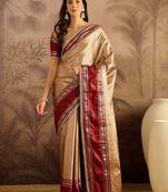 beige silk blend blend zari saree with unstitched blouse piece