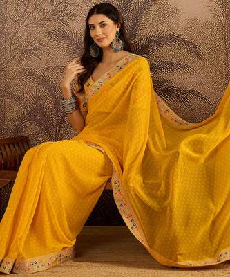 Georgette yellow bandhni saree with unstitched blouse piece 3