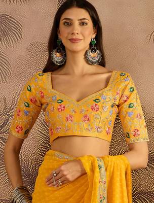Georgette yellow bandhni saree with unstitched blouse piece 4