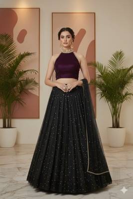 Black partywear Lehenga set with Halter Blouse and dupatta 1