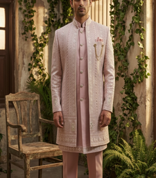 Pink thread and sequins embroidered indowestern