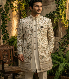 Ivory thread and sequins embroidered indowestern