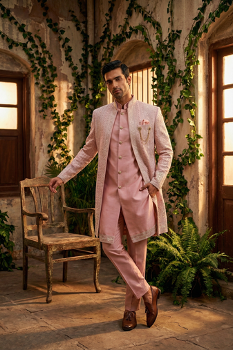 Pink thread and sequins embroidered indowestern