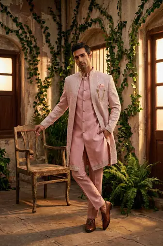 Pink thread and sequins embroidered indowestern