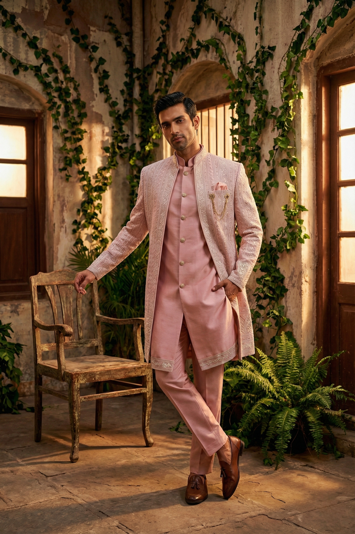 Pink thread and sequins embroidered indowestern