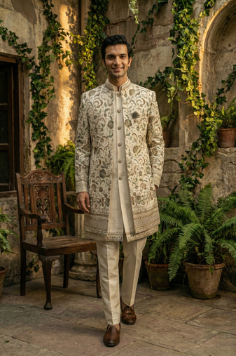 Ivory thread and sequins embroidered indowestern